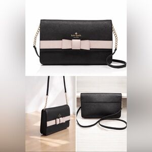 Kate Spade Black & Dusty Pink Bow Crossbody Bag - Saffiano Leather Chain Strap